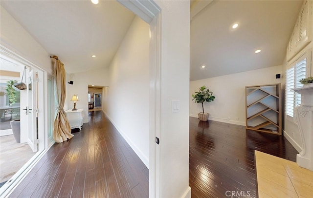16671 Cedar Cir, Fountain Valley, CA 92708 - hallway featuring vaulted ceiling, wood-type flooring, and recessed lighting