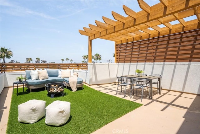 687 W 17th St, Costa Mesa, CA 92627 - view of yard featuring a patio, a pergola, outdoor dining area, and an outdoor living space with a fire pit