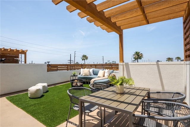 687 W 17th St, Costa Mesa, CA 92627 - view of patio featuring an outdoor living space, a pergola, and outdoor dining area