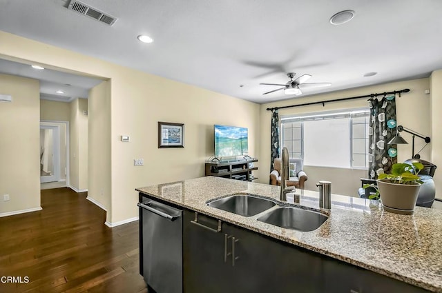 353 American River Ct, Oxnard, CA 93036 - kitchen featuring dishwasher, dark wood finished floors, ceiling fan, recessed lighting, and light stone counters
