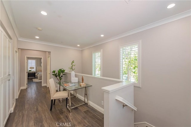 201 Bancroft, Irvine, CA 92620 - home office featuring healthy amount of natural light, dark wood-style flooring, recessed lighting, and crown molding
