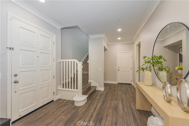 201 Bancroft, Irvine, CA 92620 - entryway with dark wood finished floors, recessed lighting, stairway, and crown molding
