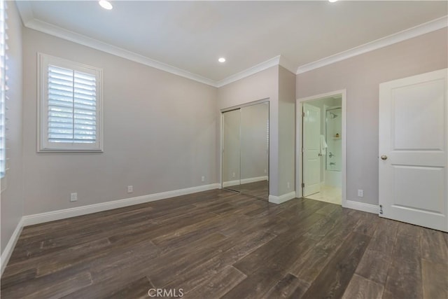 201 Bancroft, Irvine, CA 92620 - unfurnished bedroom featuring wood finished floors, recessed lighting, crown molding, connected bathroom, and a closet
