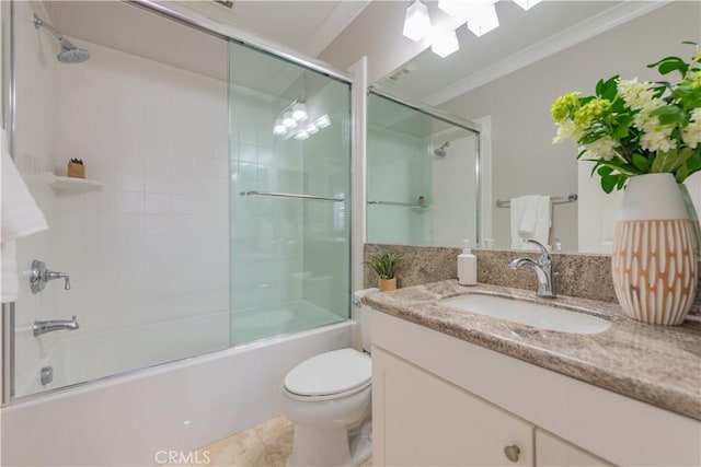 201 Bancroft, Irvine, CA 92620 - bathroom with vanity, crown molding, and shower / bath combination with glass door