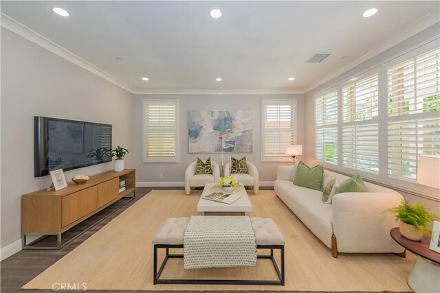 201 Bancroft, Irvine, CA 92620 - living area with wood finished floors, ornamental molding, and recessed lighting