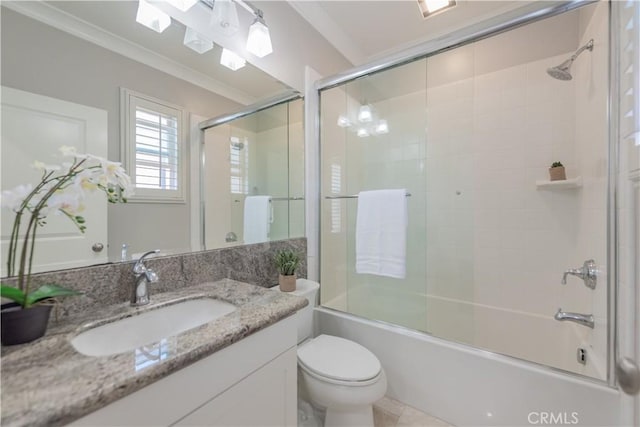 201 Bancroft, Irvine, CA 92620 - full bathroom with vanity, enclosed tub / shower combo, crown molding, and tile patterned floors