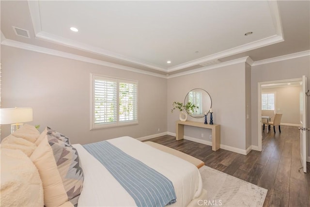 201 Bancroft, Irvine, CA 92620 - bedroom with a raised ceiling, multiple windows, dark wood-type flooring, ornamental molding, and recessed lighting