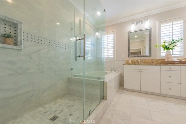 201 Bancroft, Irvine, CA 92620 - full bathroom featuring ornamental molding, a shower stall, a bath, and double vanity