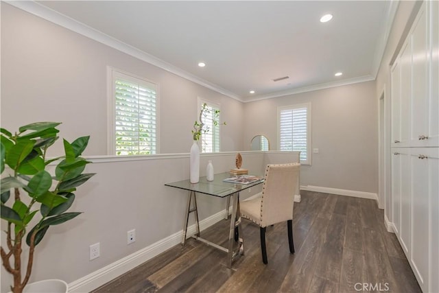 201 Bancroft, Irvine, CA 92620 - dining room with healthy amount of natural light, dark wood-style floors, crown molding, and recessed lighting