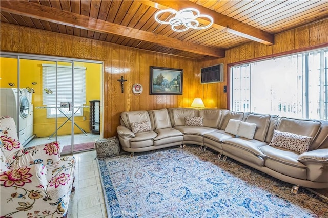 5437 Norwich Ave, Los Angeles, CA 90032 - living area featuring a wood ceiling with exposed beams, wooden walls, a wall mounted air conditioner, a chandelier, and washer / dryer
