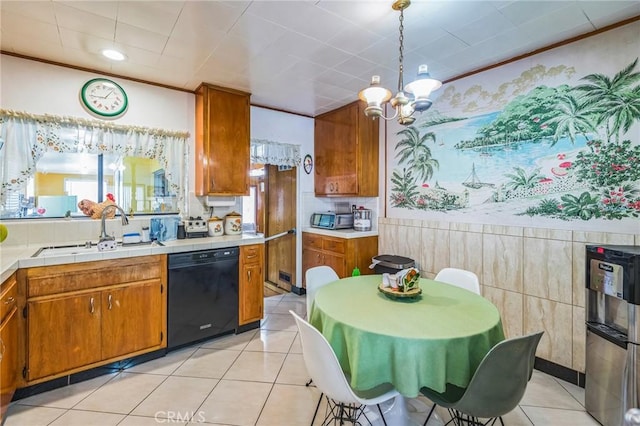 5437 Norwich Ave, Los Angeles, CA 90032 - kitchen with dishwasher, brown cabinetry, a chandelier, light tile patterned floors, and recessed lighting