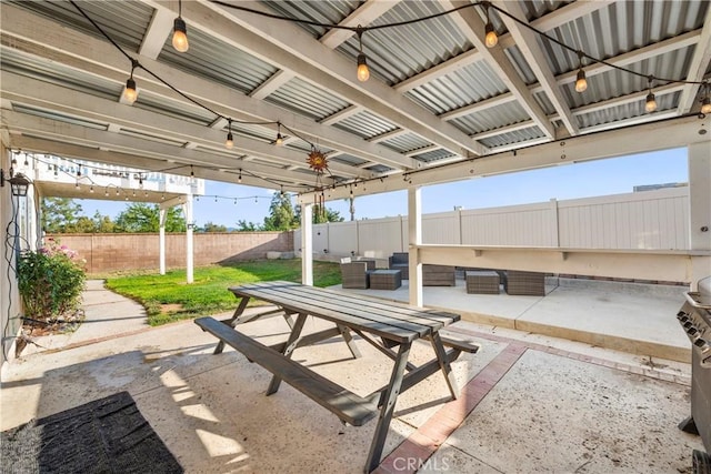 43611 Modena Dr, Temecula, CA 92592 - fenced backyard with a patio area, outdoor dining space, and outdoor lounge area