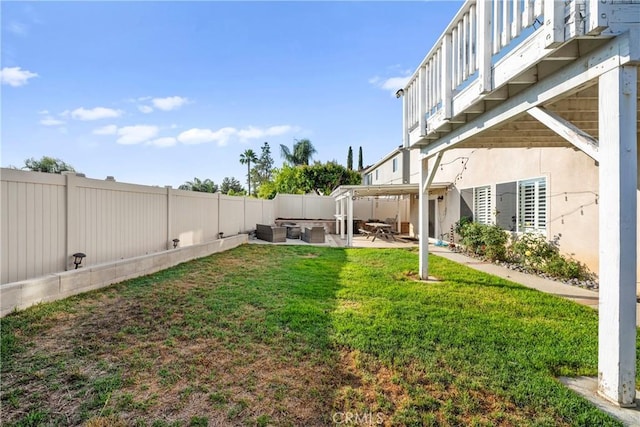 43611 Modena Dr, Temecula, CA 92592 - fenced backyard featuring a patio area, outdoor lounge area, and a balcony