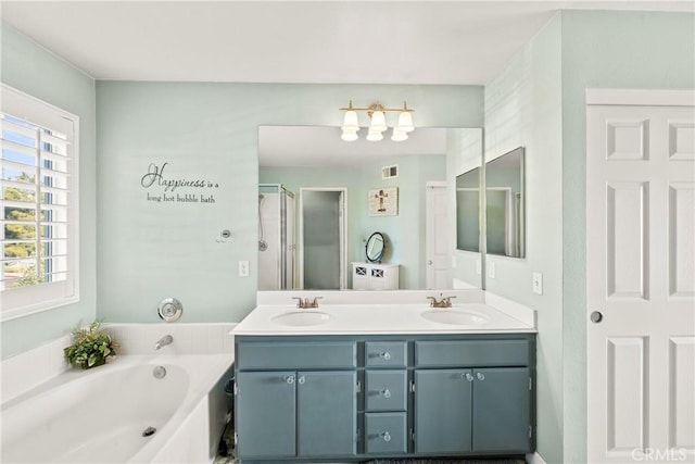 43611 Modena Dr, Temecula, CA 92592 - full bath featuring double vanity, a bath, and a stall shower