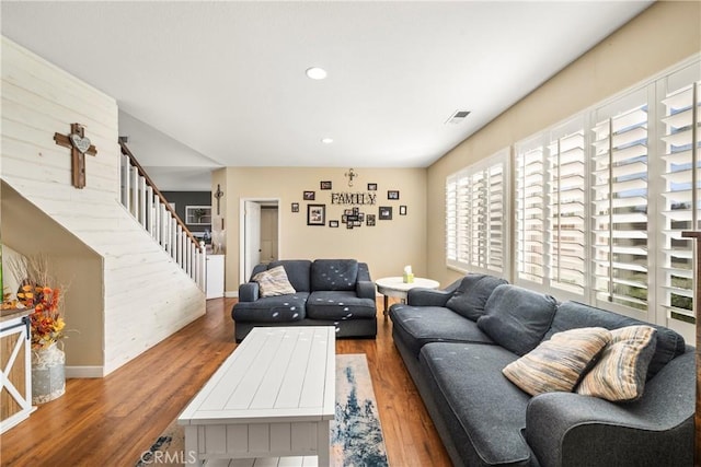 43611 Modena Dr, Temecula, CA 92592 - living room featuring stairway, wood finished floors, and recessed lighting