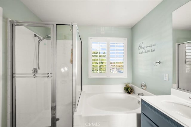 43611 Modena Dr, Temecula, CA 92592 - full bathroom with vanity, a bath, and a shower stall