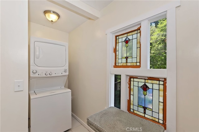 425 Blue Jay Canyon Rd, Blue Jay, CA 92317 - laundry area with estacked washer and dryer and tile patterned flooring