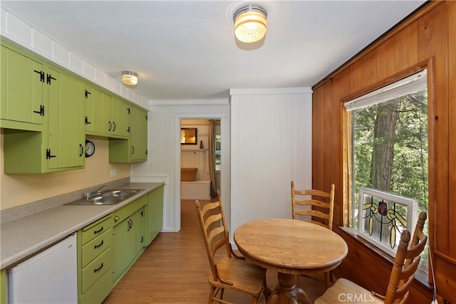 425 Blue Jay Canyon Rd, Blue Jay, CA 92317 - kitchen with light wood finished floors, dishwasher, light countertops, green cabinetry, and wood walls