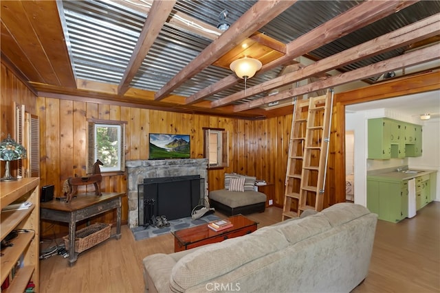 425 Blue Jay Canyon Rd, Blue Jay, CA 92317 - living area with wood walls, wood finished floors, and a stone fireplace