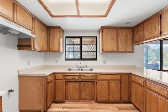 14526 Hardtree Dr, Lake Hughes, CA 93532 - kitchen featuring under cabinet range hood, brown cabinetry, and light countertops