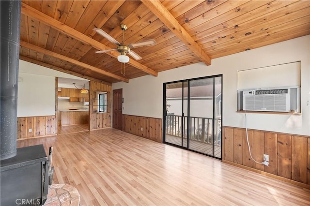 14526 Hardtree Dr, Lake Hughes, CA 93532 - unfurnished living room with wood walls, wood ceiling, a wainscoted wall, a wood stove, and wood finished floors