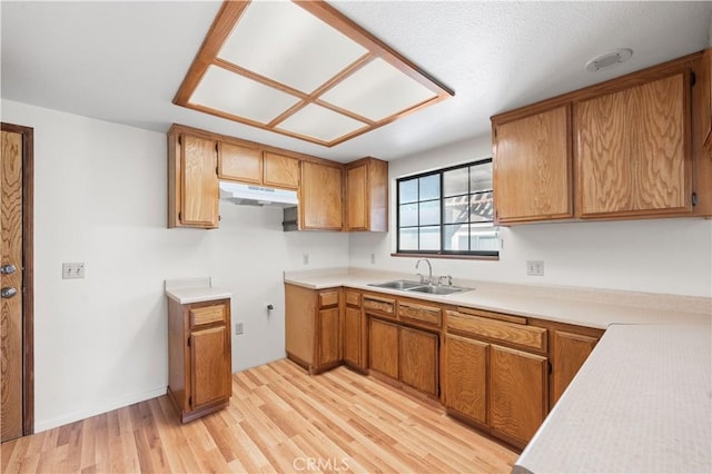 14526 Hardtree Dr, Lake Hughes, CA 93532 - kitchen featuring under cabinet range hood, light wood-style floors, brown cabinetry, and light countertops