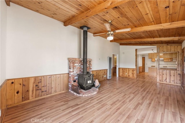 14526 Hardtree Dr, Lake Hughes, CA 93532 - unfurnished living room featuring a wood ceiling with exposed beams, a wood stove, wood finished floors, wooden walls, and wainscoting