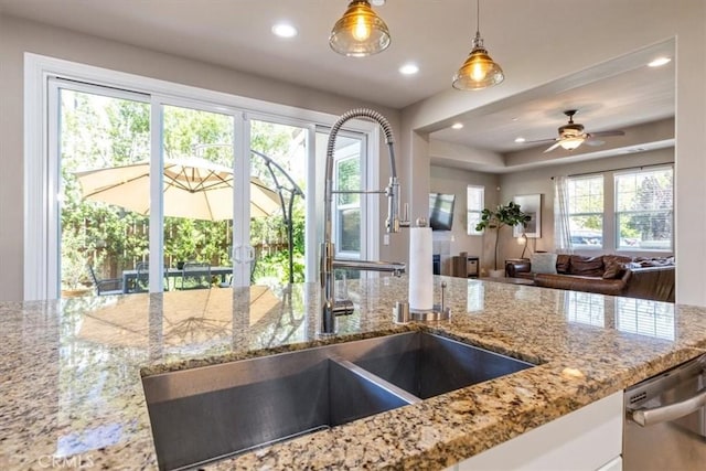 316 Junipero Way, San Luis Obispo, CA 93401 - kitchen featuring dishwasher, recessed lighting, decorative light fixtures, light stone counters, and open floor plan