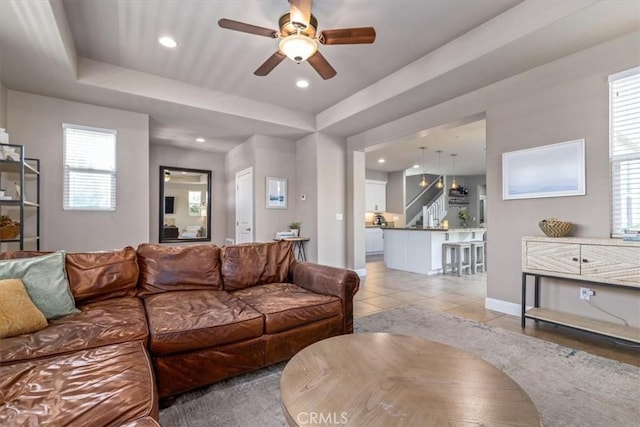 316 Junipero Way, San Luis Obispo, CA 93401 - living area featuring a ceiling fan, a raised ceiling, recessed lighting, light tile patterned floors, and stairs