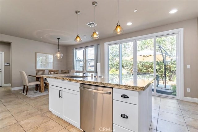 316 Junipero Way, San Luis Obispo, CA 93401 - kitchen featuring dishwasher, light tile patterned floors, white cabinetry, light stone countertops, and hanging light fixtures