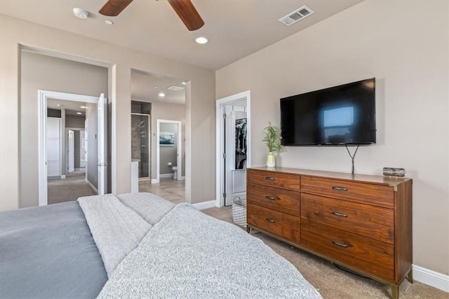 316 Junipero Way, San Luis Obispo, CA 93401 - bedroom with light colored carpet, recessed lighting, ensuite bathroom, and ceiling fan