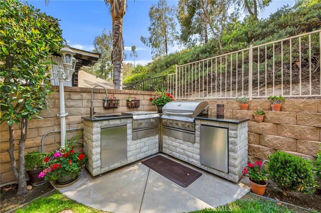 28089 Promontory Ln, Valencia, CA 91354 - fenced backyard featuring exterior kitchen and a patio area