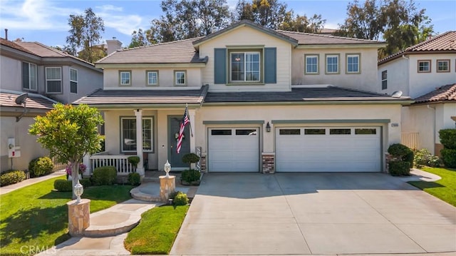 28089 Promontory Ln, Valencia, CA 91354 - traditional-style house with covered porch, an attached garage, concrete driveway, a tiled roof, and stucco siding