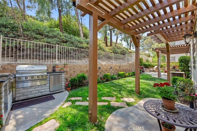 28089 Promontory Ln, Valencia, CA 91354 - fenced backyard with exterior kitchen, a patio area, and a pergola