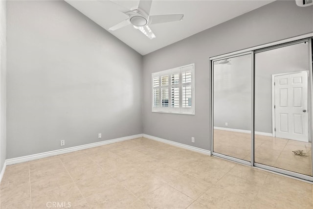 3211 Anne Cir Unit Ci102, Huntington Beach, CA 92649 - unfurnished bedroom featuring high vaulted ceiling, a closet, a ceiling fan, and light tile patterned flooring