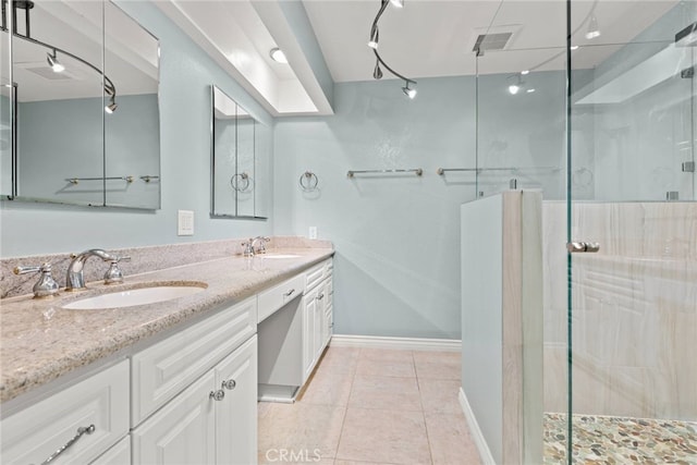 3211 Anne Cir Unit Ci102, Huntington Beach, CA 92649 - bathroom with a stall shower, double vanity, and tile patterned floors