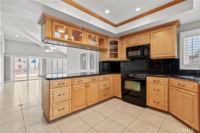 3211 Anne Cir Unit Ci102, Huntington Beach, CA 92649 - kitchen featuring black appliances, decorative backsplash, light tile patterned flooring, ornamental molding, and recessed lighting