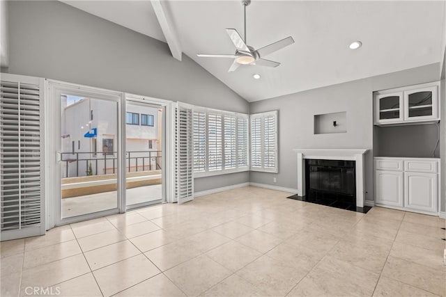3211 Anne Cir Unit Ci102, Huntington Beach, CA 92649 - unfurnished living room featuring ceiling fan, a fireplace with flush hearth, beam ceiling, tile patterned flooring, and recessed lighting