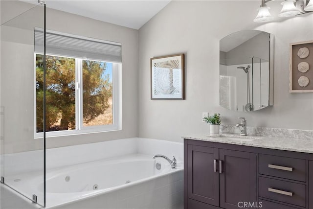 982 Big Spring Ct, Corona, CA 92878 - full bath featuring vanity, a jetted tub, and a shower with shower door