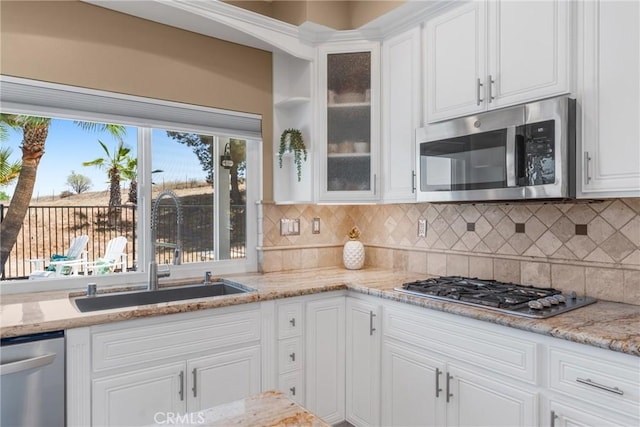 982 Big Spring Ct, Corona, CA 92878 - kitchen featuring stainless steel appliances, white cabinets, and glass insert cabinets