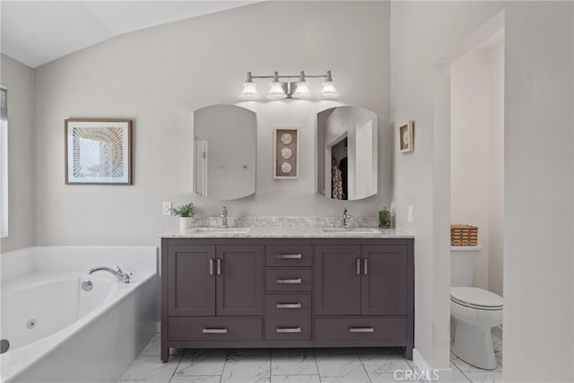 982 Big Spring Ct, Corona, CA 92878 - full bath with marble finish flooring, double vanity, a jetted tub, and vaulted ceiling