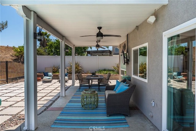982 Big Spring Ct, Corona, CA 92878 - fenced backyard featuring a patio, a ceiling fan, and outdoor dining space