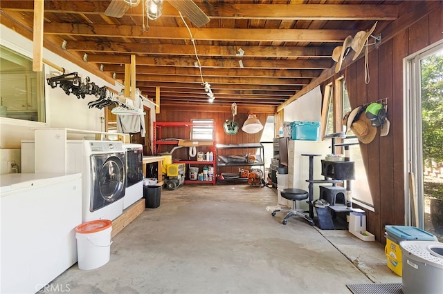 1915 Manzanita Ave, Chico, CA 95926 - basement featuring washer and clothes dryer, wood walls, healthy amount of natural light, and a ceiling fan