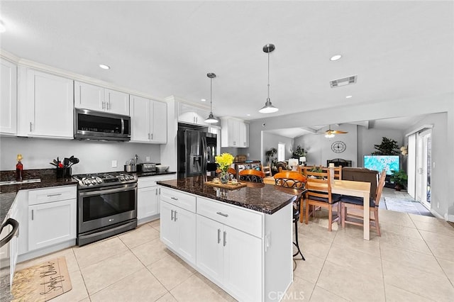 16128 Haldane St, Whittier, CA 90603 - kitchen featuring stainless steel appliances, light tile patterned flooring, white cabinets, a ceiling fan, and recessed lighting