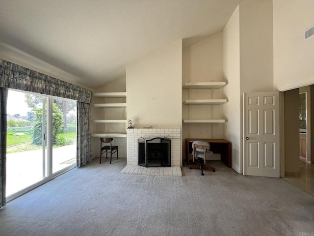 14109 Arbolitos Dr, Poway, CA 92064 - living area with carpet flooring, a fireplace, high vaulted ceiling, and built in shelves