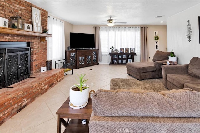 14616 Lighthouse Ln, Helendale, CA 92342 - tiled living area with a ceiling fan and a brick fireplace