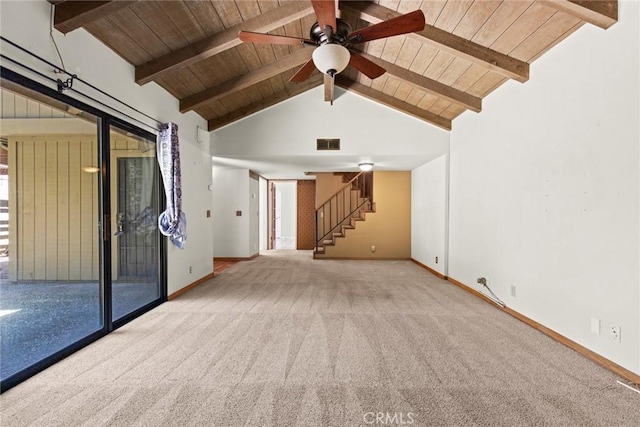 31 Pebblewood Pines Dr, Chico, CA 95926 - empty room with wood ceiling, carpet floors, stairway, and a ceiling fan