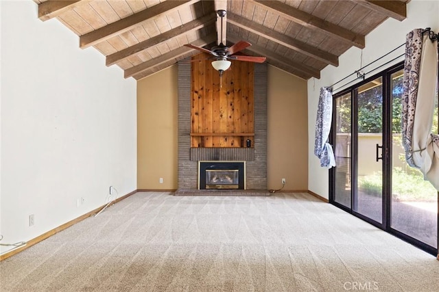 31 Pebblewood Pines Dr, Chico, CA 95926 - unfurnished living room with carpet, wooden ceiling, a fireplace, and a ceiling fan