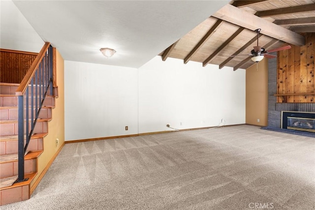 31 Pebblewood Pines Dr, Chico, CA 95926 - unfurnished living room with carpet, a brick fireplace, a ceiling fan, and stairs
