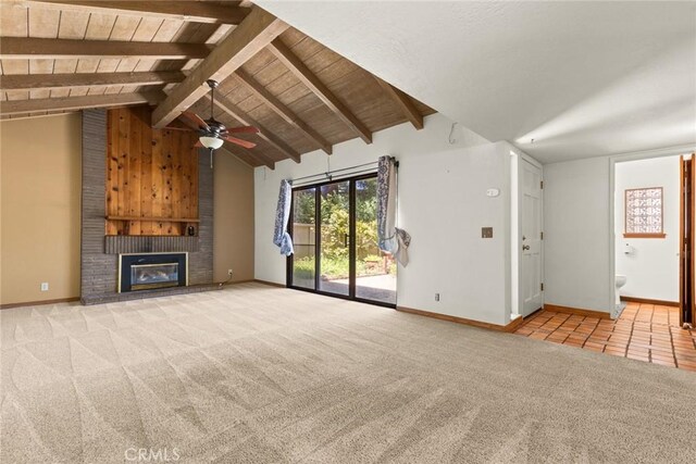 31 Pebblewood Pines Dr, Chico, CA 95926 - unfurnished living room featuring carpet flooring, a brick fireplace, ceiling fan, and wood ceiling